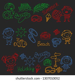 Vector pattern with children icons. Summer vacation at seashore, sea, ocean, beach. Small kids having fun.