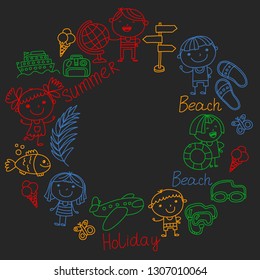 Vector pattern with children icons. Summer vacation at seashore, sea, ocean, beach. Small kids having fun.