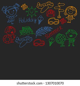 Vector pattern with children icons. Summer vacation at seashore, sea, ocean, beach. Small kids having fun.