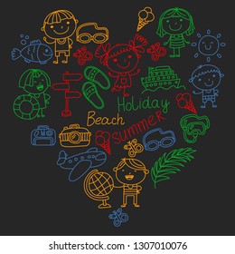 Vector pattern with children icons. Summer vacation at seashore, sea, ocean, beach. Small kids having fun.