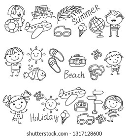 Vector pattern with children icons. Summer vacation at seashore, sea, ocean, beach. Small kids having fun.