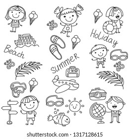 Vector pattern with children icons. Summer vacation at seashore, sea, ocean, beach. Small kids having fun.