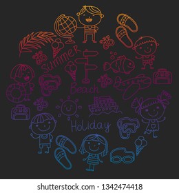 Vector pattern with children icons. Summer vacation at seashore, sea, ocean, beach. Small kids having fun.