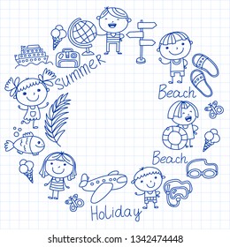 Vector pattern with children icons. Summer vacation at seashore, sea, ocean, beach. Small kids having fun.