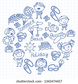 Vector pattern with children icons. Summer vacation at seashore, sea, ocean, beach. Small kids having fun.
