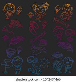 Vector pattern with children icons. Summer vacation at seashore, sea, ocean, beach. Small kids having fun.