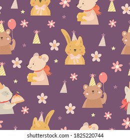 vector pattern for children. kids animals birthday. happy birthday party. forest animals celebrate birthday. Mouse and cake, bunny and bear with an inflatable balloon