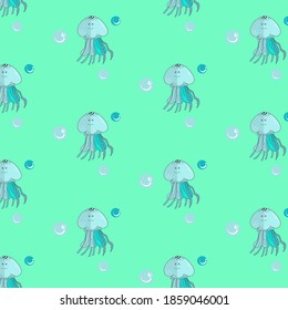 vector pattern for children, sea drawings, corals, jellyfish and starfish