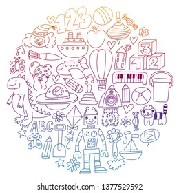 Vector pattern with children toys. Robot, rocket, horse, doll