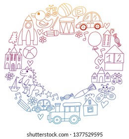 Vector pattern with children toys. Robot, rocket, horse, doll