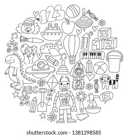 Vector pattern with children toys. Robot, rocket, horse, doll