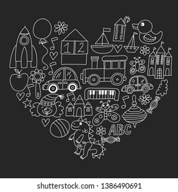 Vector pattern with children toys. Robot, rocket, horse, doll