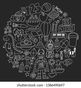 Vector pattern with children toys. Robot, rocket, horse, doll