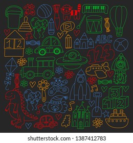 Vector pattern with children toys. Robot, rocket, horse, doll