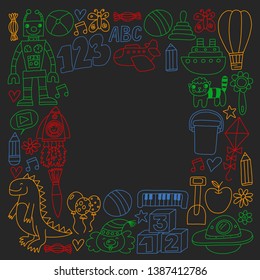 Vector pattern with children toys. Robot, rocket, horse, doll