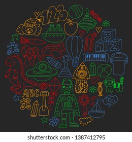 Vector pattern with children toys. Robot, rocket, horse, doll