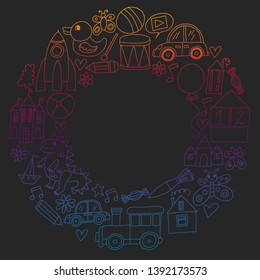 Vector pattern with children toys. Robot, rocket, horse, doll