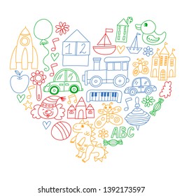 Vector pattern with children toys. Robot, rocket, horse, doll