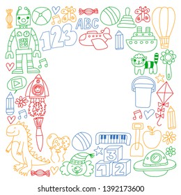Vector pattern with children toys. Robot, rocket, horse, doll