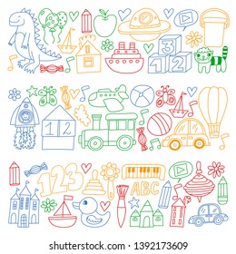 Vector pattern with children toys. Robot, rocket, horse, doll