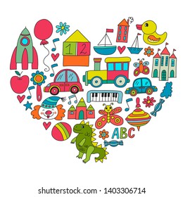 Vector pattern with children toys. Robot, rocket, horse, doll