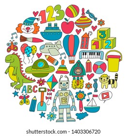 Vector pattern with children toys. Robot, rocket, horse, doll