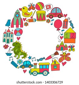 Vector pattern with children toys. Robot, rocket, horse, doll