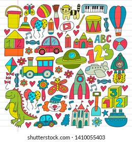 Vector pattern with children toys. Robot, rocket, horse, doll