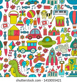 Vector pattern with children toys. Robot, rocket, horse, doll