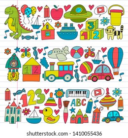 Vector pattern with children toys. Robot, rocket, horse, doll