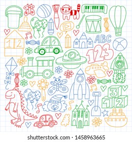 Vector pattern with children toys. Robot, rocket, horse, doll