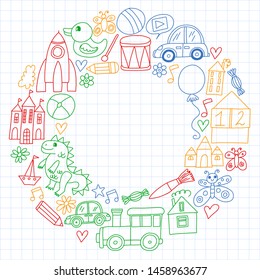 Vector pattern with children toys. Robot, rocket, horse, doll