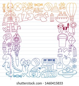 Vector pattern with children toys. Robot, rocket, horse, doll