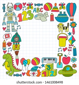 Vector pattern with children toys. Robot, rocket, horse, doll