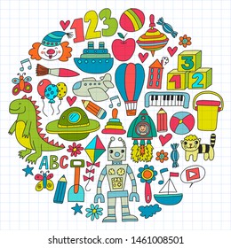 Vector pattern with children toys. Robot, rocket, horse, doll