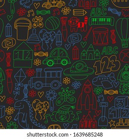 Vector pattern with children toys. Robot, rocket, horse, doll