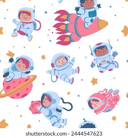 Vector pattern with children-astronauts exploring space. Cute characters in spacesuits next to planets, moons and stars. Perfect for children's books or games about the universe