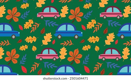 Vector pattern with children's cars with autumn leaves.