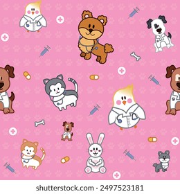 Vector pattern children's print veterinary animals pet vet dog cat rabbit syringe medicine animal health