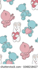 vector pattern of children's toys bunny, hippopotamus, teddy bear, heart. Pattern for printing on fabrics