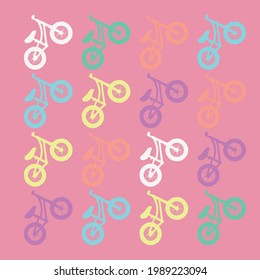 Vektormuster Kinderfahrrad, Kleideraufdruck, Schreibwaren in Pastellfarben. Rosa, blau, milchig, Minze, gelb