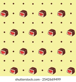 Vector pattern with chocolate candies with heart-shaped filling on yellow background. Bright, sweet seamless vector pattern with chocolate candies for Valentine's Day, birthday, wedding.