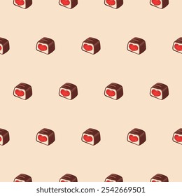 Vector pattern with chocolate candies with heart-shaped filling on a beige background. Bright, sweet seamless vector pattern with chocolate candies for Valentine's Day, birthday, wedding.