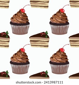 Vector pattern with chocolate cupcake and cake