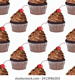 Vector pattern with chocolate cupcake and cherry