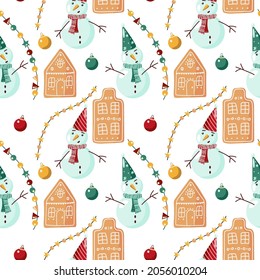 Vektormuster mit Weihnachtsbällen, Garnelen, Lebkuchen, Garnelen und Schneemännern. auf weißem Hintergrund. Weihnachtstextur für Stoff, Verpackung, Hintergründe, Tapeten, Schreibwaren.