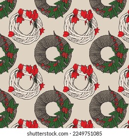 Vector pattern with Christmas contour colored wreaths with cyclomains and sharp leaves. Graphic for gift wrapping of New Year's gifts, Christmas designs, scrapbooking