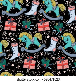 Vector pattern of Christmas decorations.Hand drawing present boxes, stars and leaves,wood horse,skates.