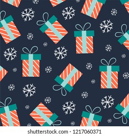 Vector pattern with christmas. Christmas flat lay design with gift boxes.  Wrapping paper or fabric. Christmas and new year element, poster for your design.