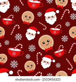 Vector pattern with Christmas gingerbread man, Santa Claus and hot chocolate with marshmallows